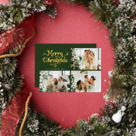 Green & Gold Retro Christmas Family Photo Collage Folien Feiertagskarte
