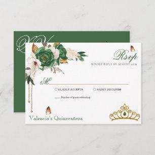 Green Gold Rose Elegante Gold Tiara Quinceanera RSVP Karte