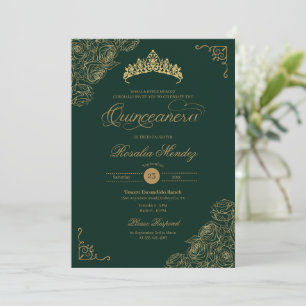 Green & Gold Rose Elegante Quinceñera Einladung