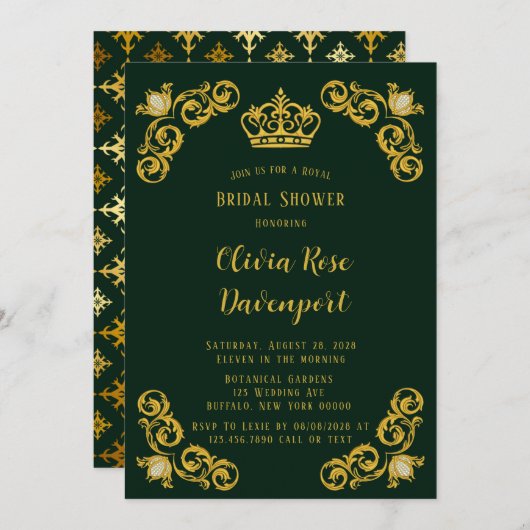Green & Gold Royal Crown Damask Brautparty Einladung (Vorne/Hinten)