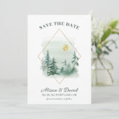 Green Gold Rustic Pine Trees Wedding Save the Date Einladung (Stehend Vorderseite)