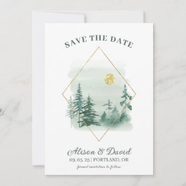 Green Gold Rustic Pine Trees Wedding Save the Date Einladung