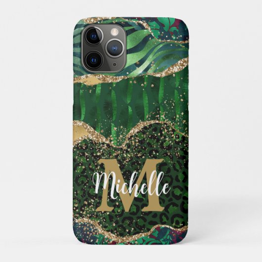 Green & Gold Safari Animal Glitzer Agate Monogram Case-Mate iPhone Hülle (Rückseite)