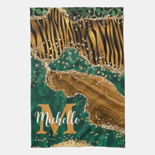 Green & Gold Safari Animal Glitzer Agate Monogram Geschirrtuch (Vertikal)