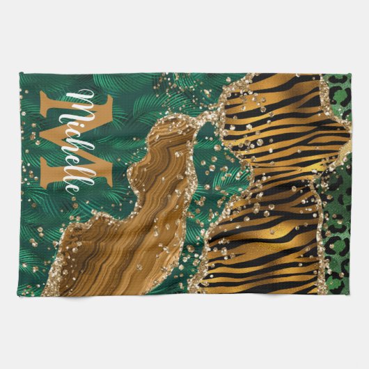 Green & Gold Safari Animal Glitzer Agate Monogram Geschirrtuch (Horizontal)