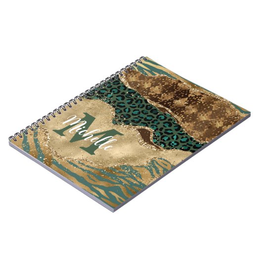 Green & Gold Safari Animal Glitzer Agate Monogram Notizblock (Linke Seite)