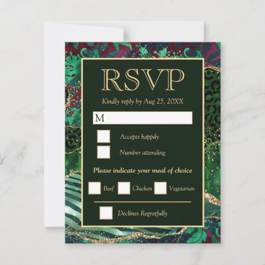 Green & Gold Safari Animal Glitzer Agate Wedding RSVP Karte (Vorderseite)