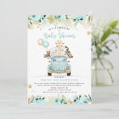 Green Gold Safari Animals Drive by Baby Shower Einladung (Stehend Vorderseite)