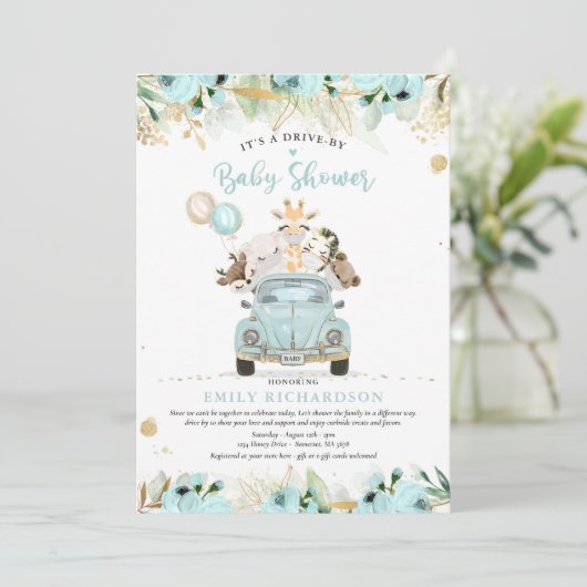 Green Gold Safari Animals Drive by Baby Shower Einladung (Stehend Vorderseite)