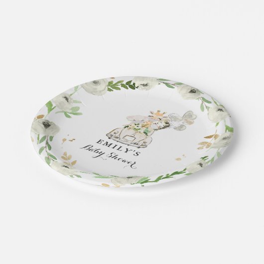 Green Gold Safari Animals Drive by Baby Shower Pappteller (Schrägansicht)