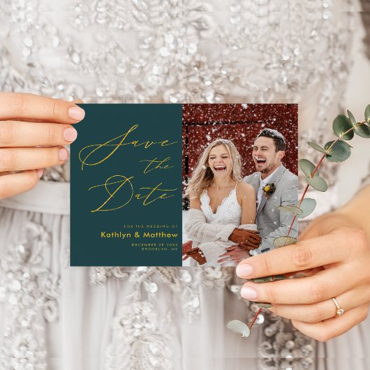 Green Gold Script Hochzeit sparen Datum Flyer