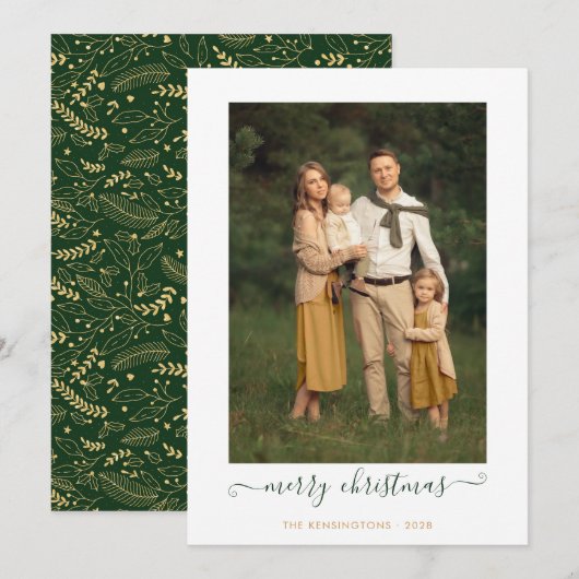 Green Gold Simple Script Frohe Weihnachts Foto Hol Feiertagskarte (Vorne/Hinten)