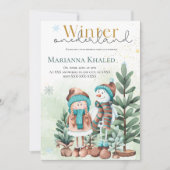 Green gold Snow Girl Snowman Weihnachten Geburtsta Einladung (Vorderseite)