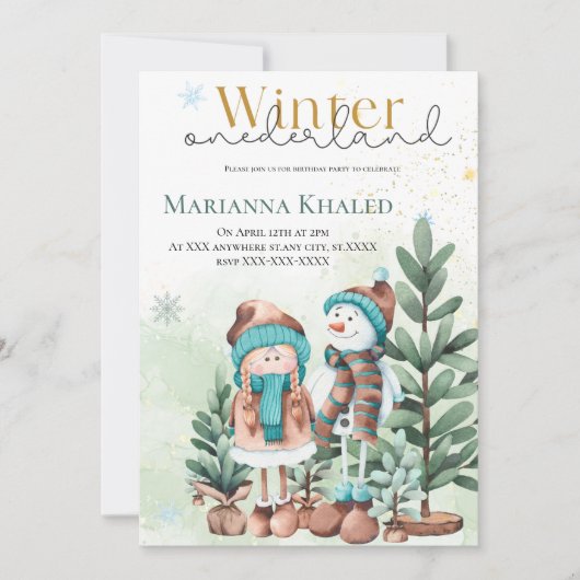Green gold Snow Girl Snowman Weihnachten Geburtsta Einladung (Vorderseite)
