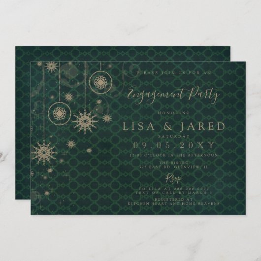 Green Gold Snowflags Winter Engagement Party Einladung (Vorne/Hinten)