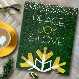 Green Gold Snowflake Peace Joy Liebe Zitat Modern Puzzle