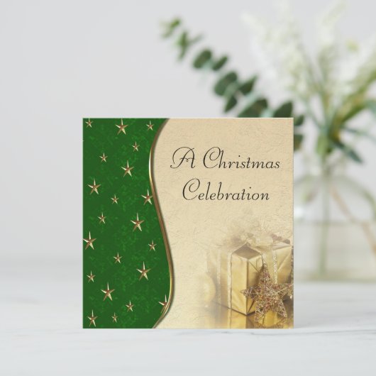 Green Gold Star Weihnachtsfeier Einladung (Stehend Vorderseite)