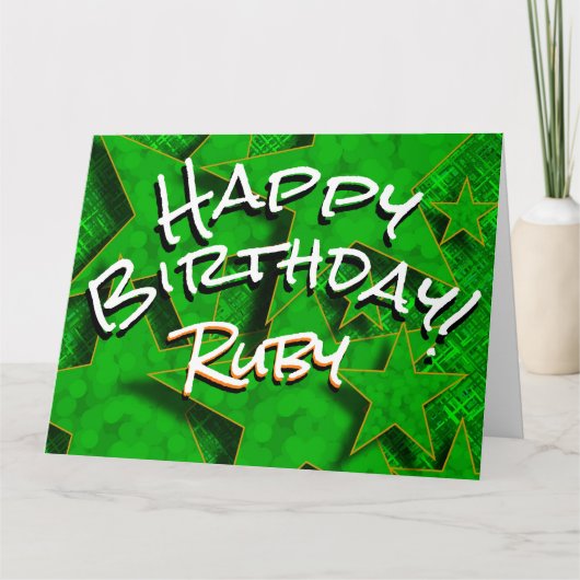 Green Gold Stars mit Name Happy Birthday Card Karte (Vorderseite)