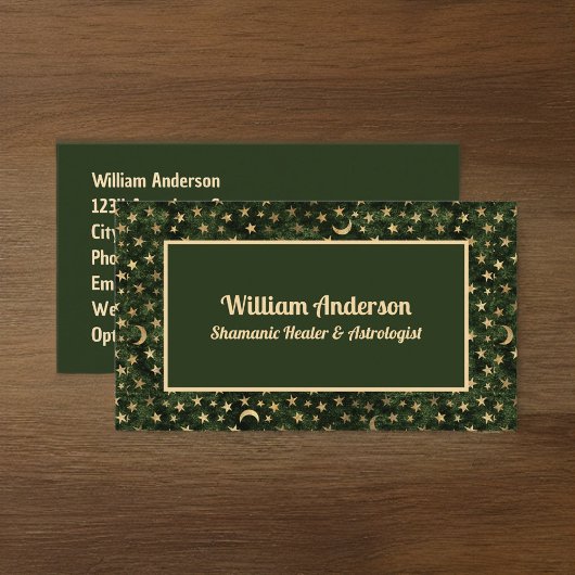 Green Gold Stars Shamanic oder Astrologe Heiler Visitenkarte