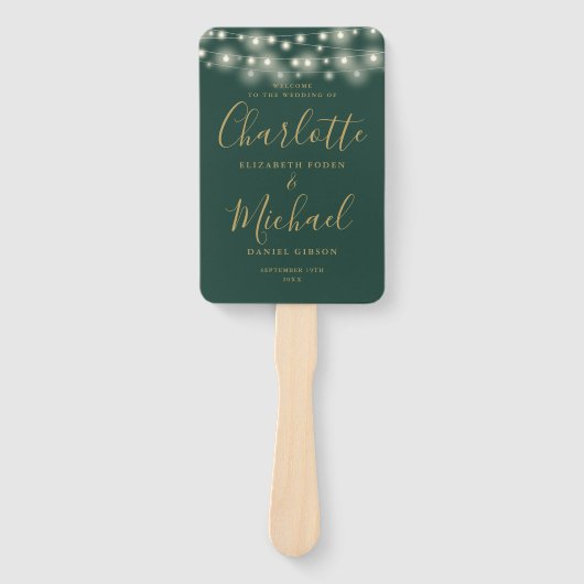 Green Gold String Lights Script Wedding Program Fächer (Vorderseite)