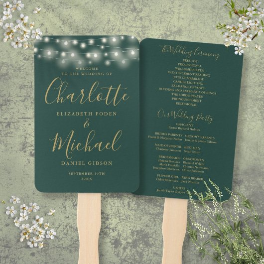 Green Gold String Lights Script Wedding Program Fächer