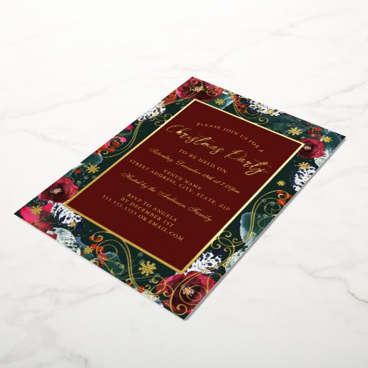 Green Gold Swirl Blume Rahmen Weihnachts-Party Folieneinladung (Gedreht)