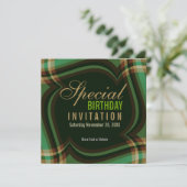 Green Gold Tartan Square Einladung (Stehend Vorderseite)