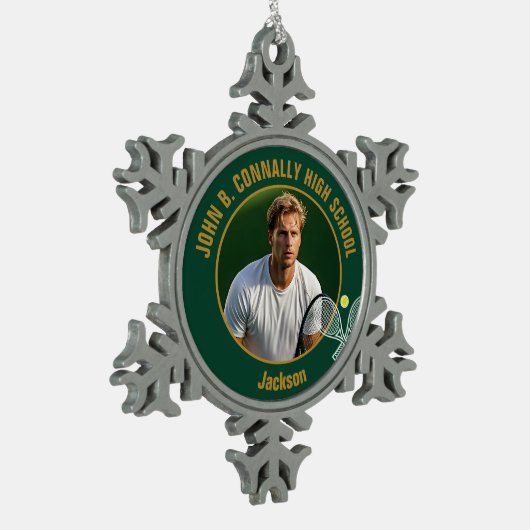 Green Gold Tennis Player Photo High School Schneeflocken Zinn-Ornament (Links)
