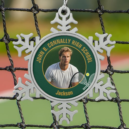 Green Gold Tennis Player Photo High School Schneeflocken Zinn-Ornament