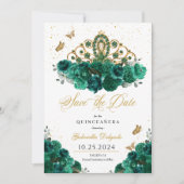 Green & Gold Tiara Save the Date Quinceañera Einladung (Vorderseite)