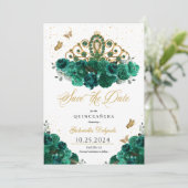 Green & Gold Tiara Save the Date Quinceañera Einladung (Stehend Vorderseite)