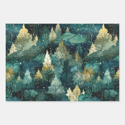 Green Gold Trees Weihnachten Geschenkpapier Set (Vorderseite 2)