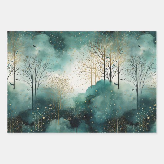 Green Gold Trees Weihnachten Geschenkpapier Set (Vorderseite)