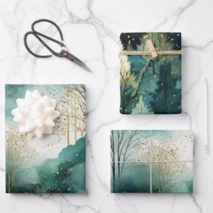 Green Gold Trees Weihnachten Geschenkpapier Set