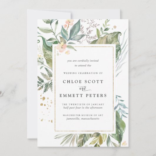 Green Gold Tropical Botanical Wedding Einladung (Vorderseite)
