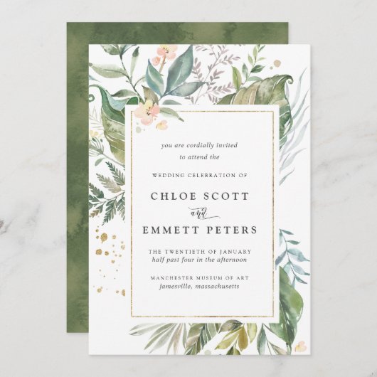 Green Gold Tropical Botanical Wedding Einladung (Vorne/Hinten)