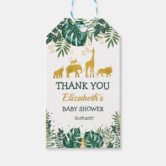 Green Gold Tropical Jungle Animals Baby Dusche Geschenkanhänger (Vorderseite)
