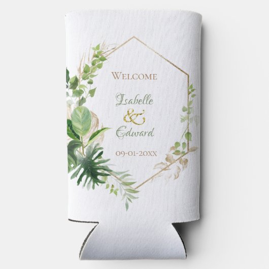 Green & Gold Tropical Monstera Blätter Hochzeit Selters Dosenkühler (Rückseite)