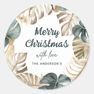 Green & Gold Tropical Palm Wreath Weihnachten Runder Aufkleber