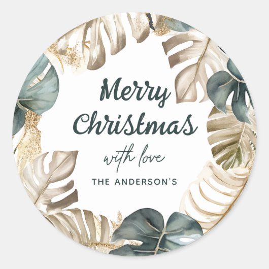 Green & Gold Tropical Palm Wreath Weihnachten Runder Aufkleber (Vorderseite)