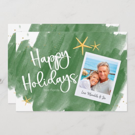 Green Gold Tropical Watercolor Holiday Foto Card (Vorne/Hinten)