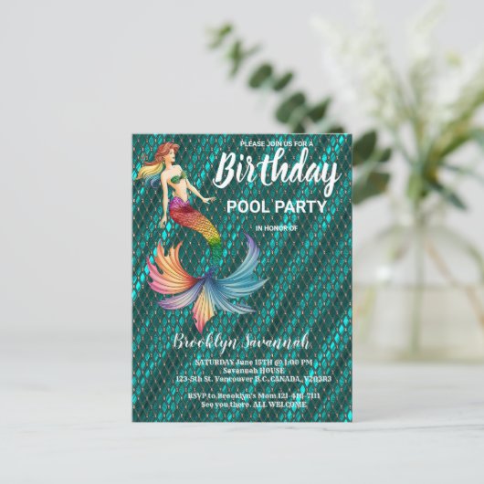 Green Gold Türkise Mermaid Schwanz Pool Party Postkarte (Stehend Vorderseite)