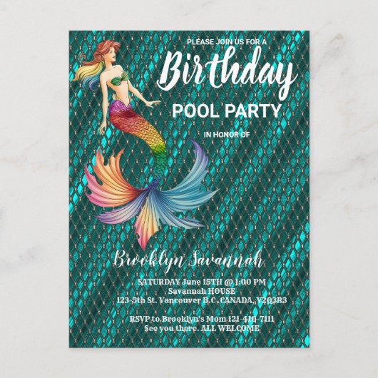 Green Gold Türkise Mermaid Schwanz Pool Party Postkarte (Vorderseite)