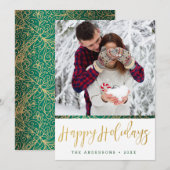 Green & Gold Verziert Happy Holidays Feiertagskarte (Vorne/Hinten)
