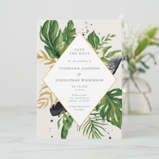 Green & Gold Wasserfarbe Tropenfarben Save the Dat Einladung (Stehend Vorderseite)