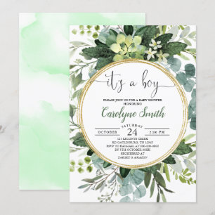 Green Gold Watercolor Botanical Boy Baby Dusche Einladung