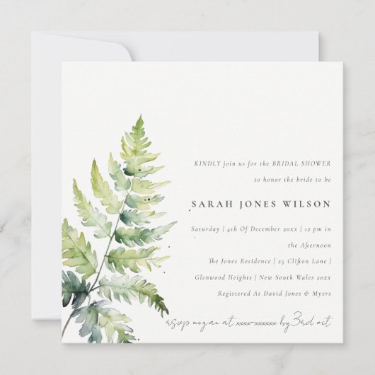 GREEN GOLD WATERCOLOR FERN FOLIAGE BRAUTPARTY EINLADUNG (Vorderseite)