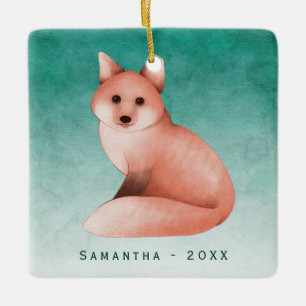 Green Gold Watercolor Fox Personalisiertes Foto Keramikornament