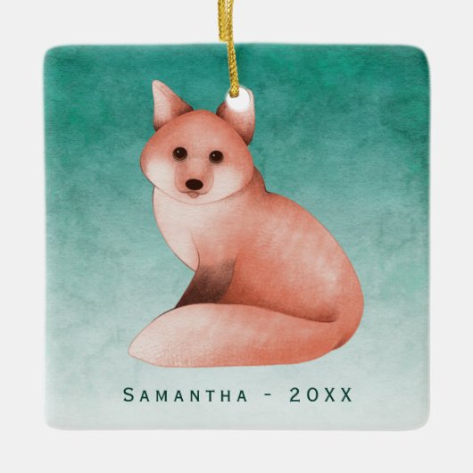 Green Gold Watercolor Fox Personalisiertes Foto Keramikornament (Vorderseite)