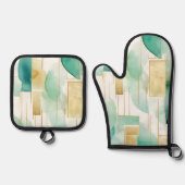 Green Gold White Abstrakt Ofenhandschuh & Topflappen-Set (Vorderseite)